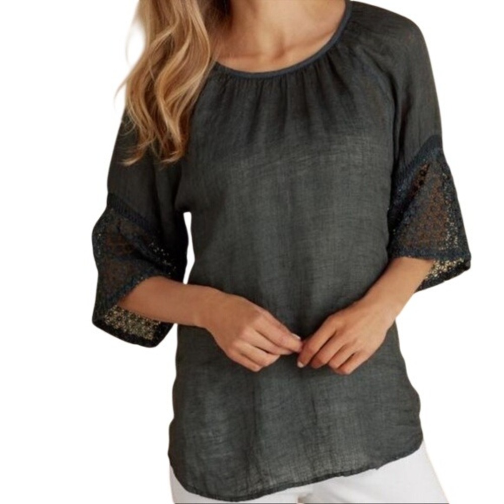 Soft Surroundings Charcoal Crochet-Sleeve Linen Top